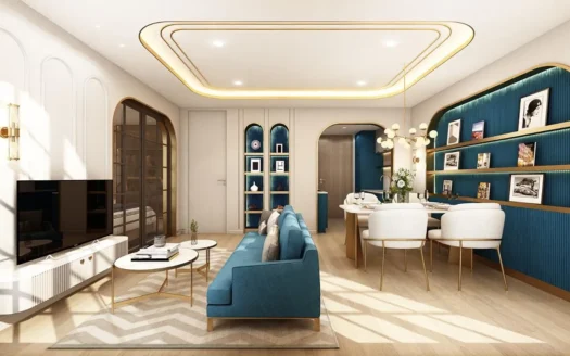 Яркая гостиная с синим диваном, белой тумбой под телевизор, золотыми акцентами