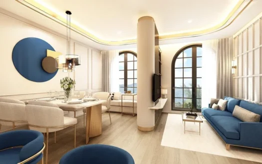 Гостиная и обеденная зона с синим диваном и круглым настенным декором