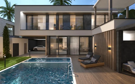 Современный двухэтажный дом с стеклянными стенами, бассейном и деревянной террасой