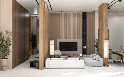 Гостиная с белым диваном, медиа-стеной и деревянными рейками