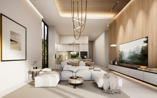 яркая гостиная с белым угловым диваном и стеной с деревянной панелью под телевизор