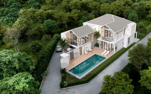 Аэросъемка современной виллы с бассейном и деревянной террасой