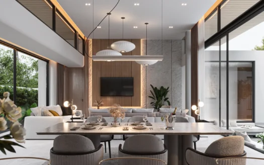 Столовая с открытой планировкой, мраморным обеденным столом и серыми креслами