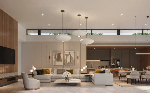 Открытая гостиная с бежевыми диванами, кухней и тремя подвесными светильниками