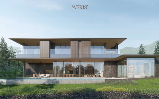 Современный двухэтажный дом со стеклянными стенами и бассейном на террасе окружён деревьями