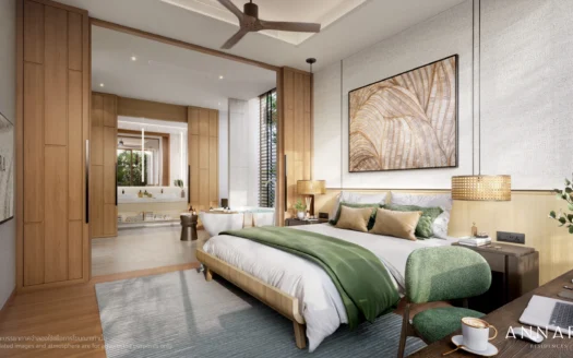 Дневная спальня с пальмовой картиной и зелеными текстилями