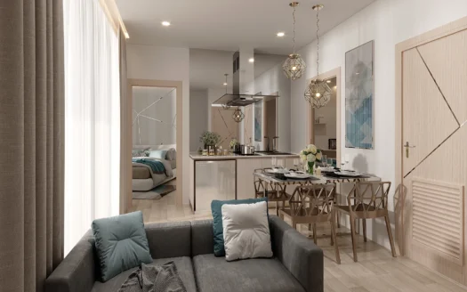 Гостиная с серым диваном, обеденным столом и геометрическими подвесными светильниками