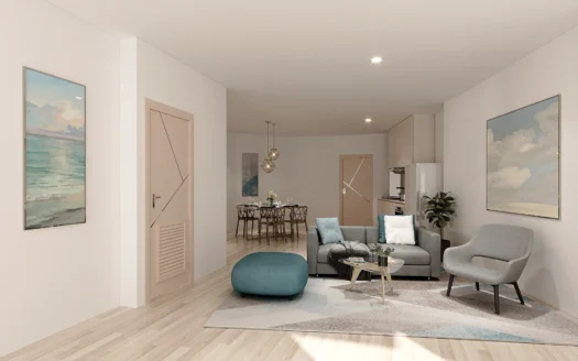 Гостиная с серым диваном и бирюзовым пуфом