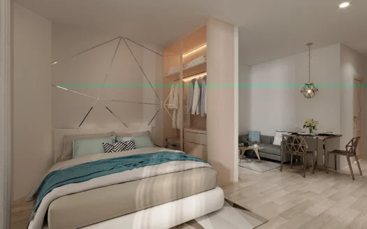 Спальня с кроватью и открытым гардеробом; видна гостиная зона