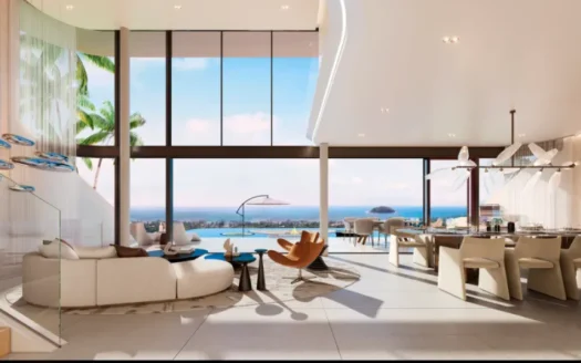 Комната с видом на океан, белая мебель и вид на бассейн