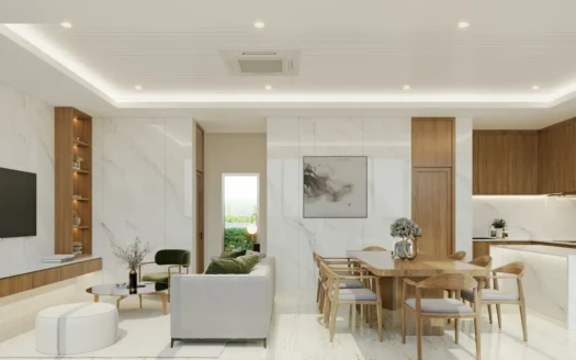 Открытое пространство гостиной и столовой с мраморными стенами и деревянной мебелью