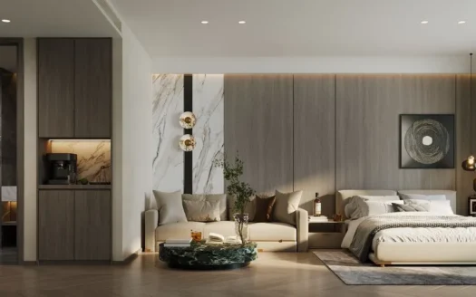 Спальня с видом на океан, бежевый диван и мраморная стена