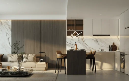 Открытая гостиная и кухня с мраморной островной зоной