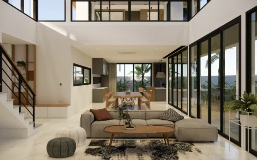 Яркая гостиная с открытой планировкой, бежевым диваном и стеклянными стенами