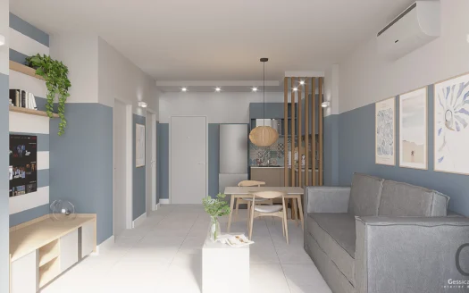 Гостиная и обеденная зона с синими стенами, серым диваном, перегородкой