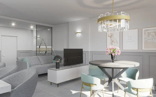 Элегантная гостиная с обеденной зоной и круглым столом с люстрой