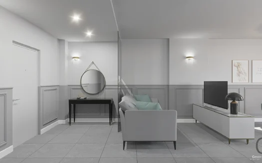 Внутренняя гостиная с серым диваном и телевизором