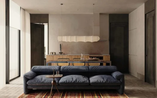 Голубой диван перед деревянной кухонной островной стойкой