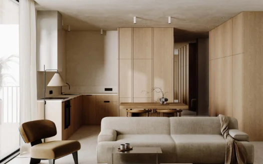 Открытая гостиная с бежевым диваном и деревянной мебелью