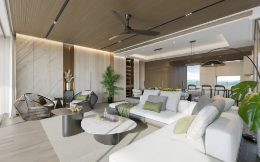 Яркая гостиная с белым диваном и мраморными кофейными столиками, вид на море