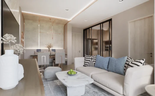 Гостиная с белым диваном, мраморным кофейным столиком и стеклянной перегородкой