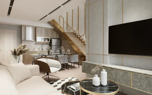 Яркая гостиная с белым диваном и обеденной зоной