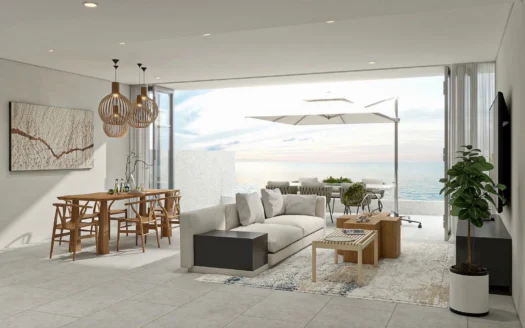 Светлая гостиная с серым диваном и видом на океан