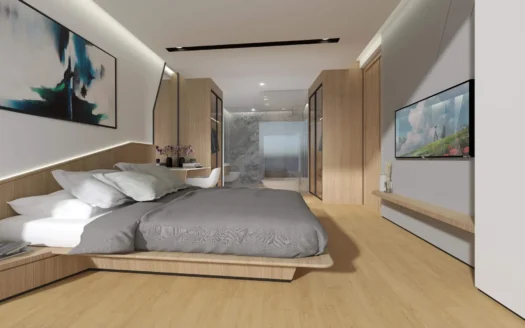 Спальня с деревянной платформой кровати и настенным телевизором