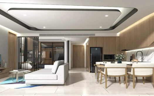 Открытая гостиная с кухней в деревянной отделке и мраморной столешницей