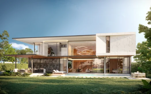 Современный двухэтажный дом со стеклянными стенами и мраморной отделкой