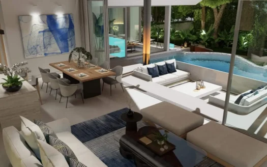 Внутренняя гостиная и обеденная зона с стеклянными стенами и бассейном