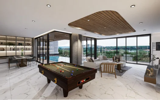 Просторная современная гостиная с бильярдным столом и стеклянными стенами при дневном свете