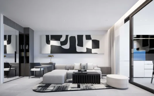 Гостиная со светло-серым диваном и абстрактной черно-белой картиной