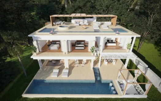 Панорамная терраса на крыше с зонами отдыха и огнем вокруг современного особняка