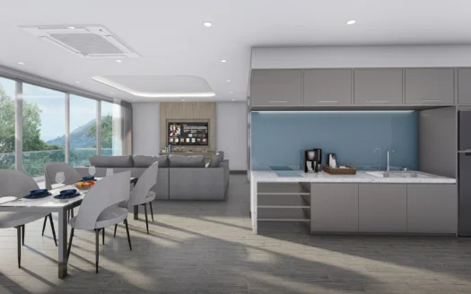 Яркая кухня и столовая с панорамными стеклянными стенами