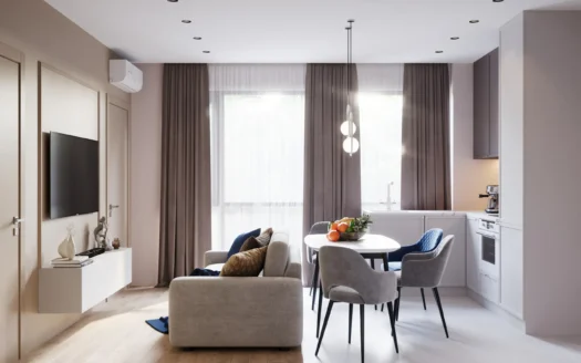 Светлая гостиная с бежевым диваном и круглым столом