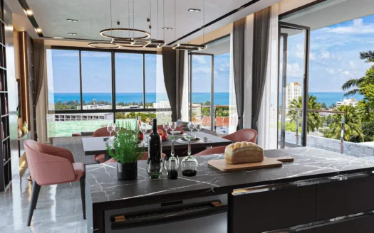 Современная кухня с мраморной стойкой и хлебом на доске вид на океан