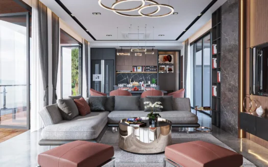 Гостиная с серым угловым диваном и круглым металлическим журнальным столиком