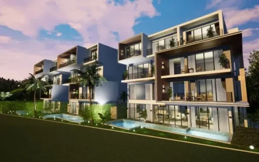 Экстерьер современной жилой застройки с балконами и бассейном на закате