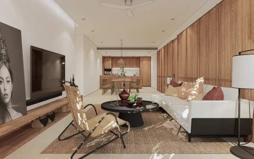 Гостиная с белым диваном, деревянной отделкой стены и круглым кофейным столиком