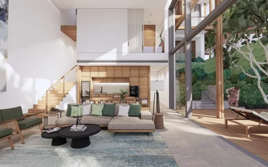 Яркая гостиная с открытой планировкой, деревянной лестницей и стеклянными стенами