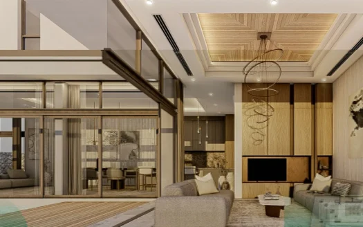 Гостиная открытой планировки с панорамными стенами, видом на бассейн и деревянным потолком