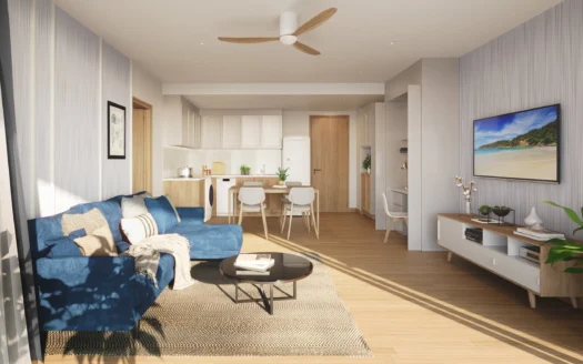 Яркая гостиная с синим диваном, ковром и обеденной зоной