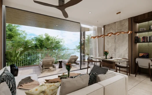 Гостиная с большими стеклянными дверями на балкон и зеленью