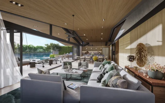 Просторная гостиная с угловым диваном и видом на бассейн