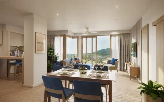 Гостиная и столовая с открытой планировкой и большими окнами