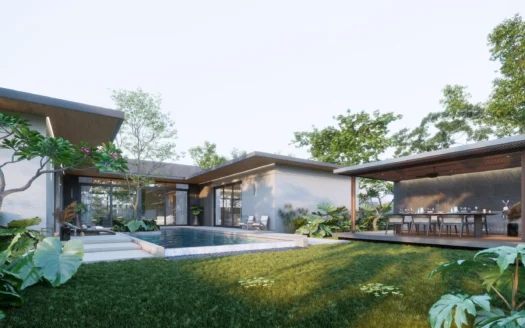 Современная вилла с бассейном газоном и обеденным павильоном