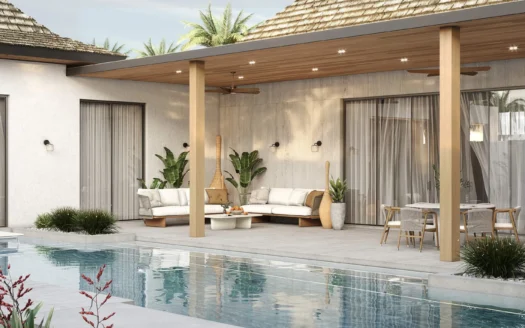 Уличная зона отдыха под деревянной крышей на террасе рядом с бассейном