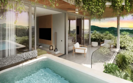 Бассейн на открытом воздухе на балконе с лаундж-зоной на закате