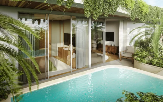 Стеклянная гостиная с выходом к бирюзовому бассейну и тропической зеленью